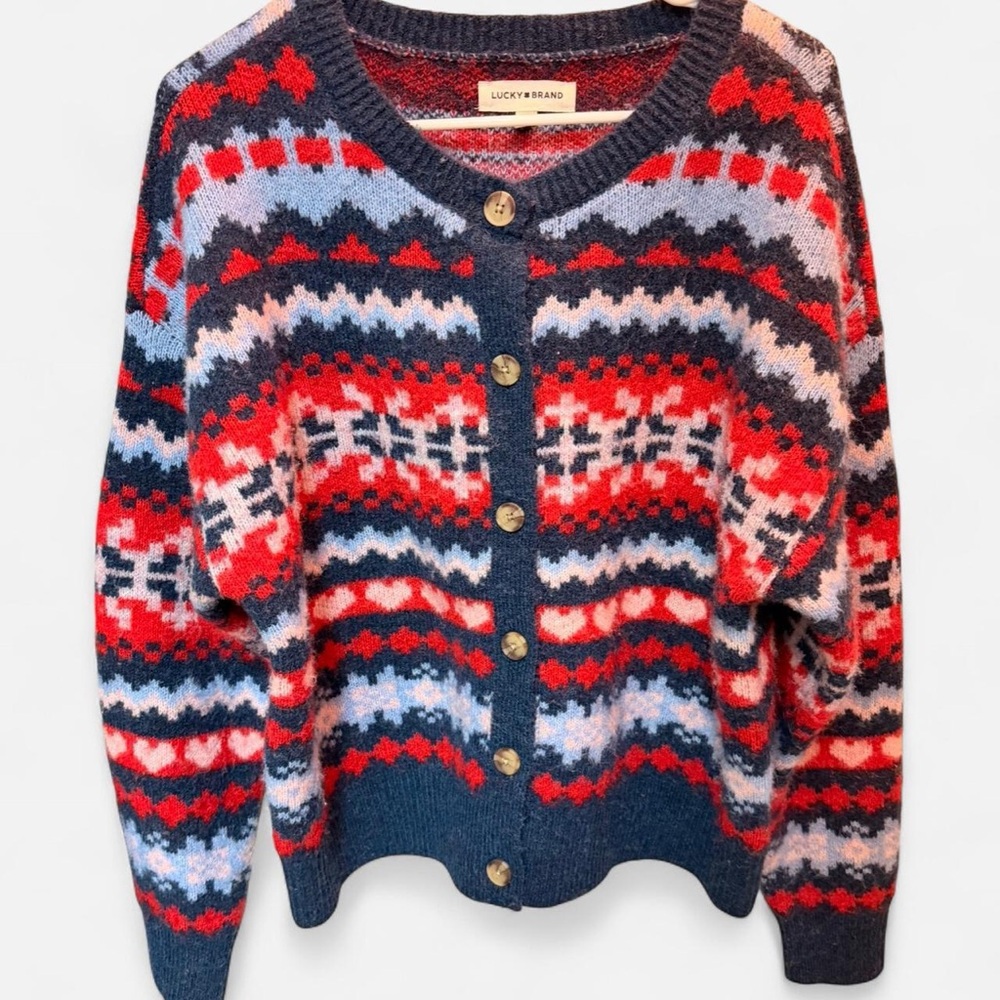Lucky Brand Women's Red and Blue Patterned Cardigan